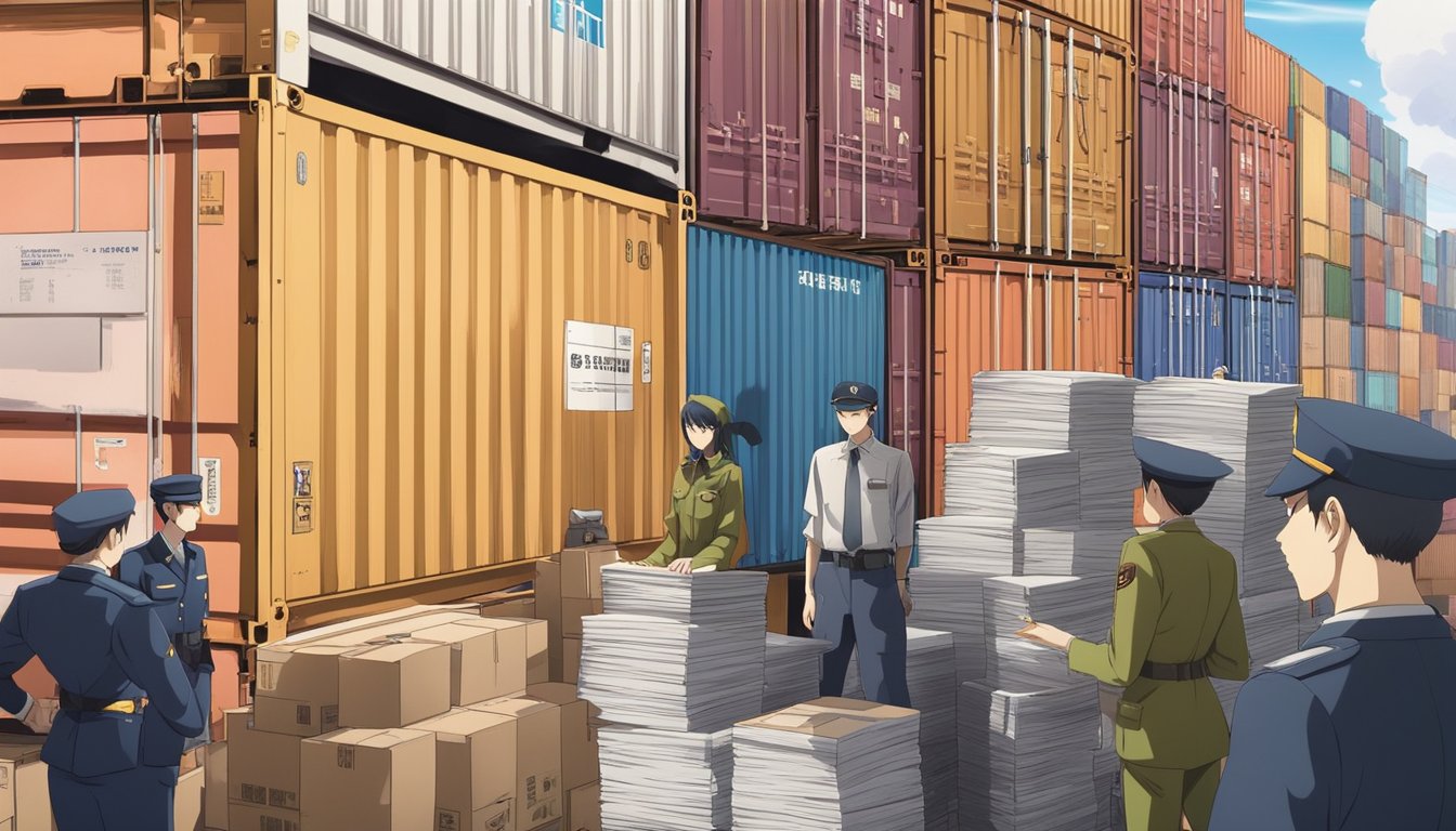 A stack of legal documents, a customs officer inspecting a crate, and a shipping container with "sex dolls" stamped on the side