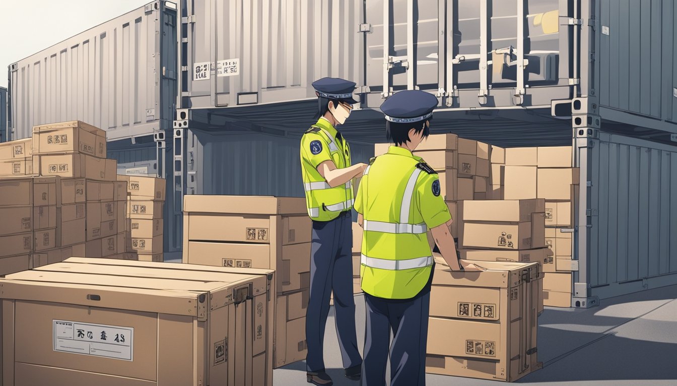 Customs officers inspecting crates of sex dolls at a port. Legal documents and government agency logos visible