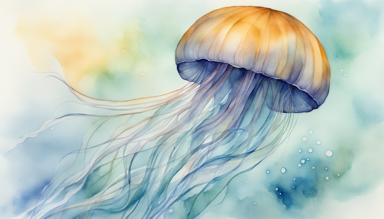 A jellyfish swims gracefully, its translucent body undulating as it propels itself through the water.</p><p>Its tentacles trail behind, gently pulsating as it navigates the ocean currents