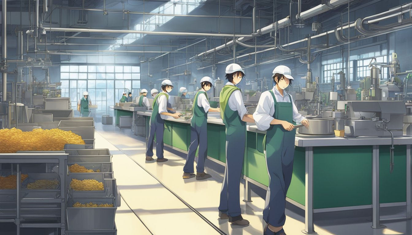 Workers in a clean, well-lit factory, with proper safety equipment and fair wages. Ethical manufacturing practices evident throughout the production process