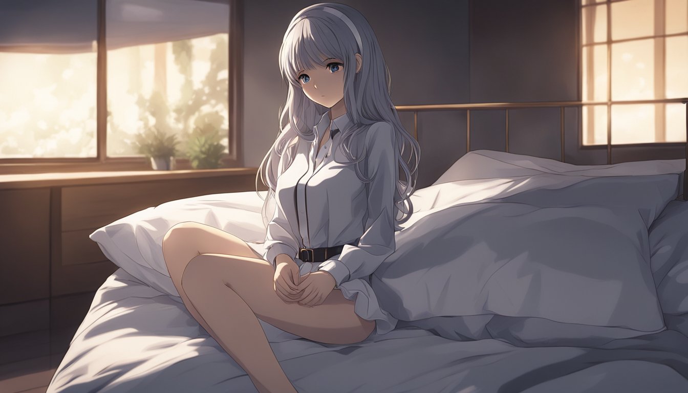 A sex doll sits alone on a bed, surrounded by dim lighting. Its expressionless face and lifelike features evoke a sense of eerie stillness