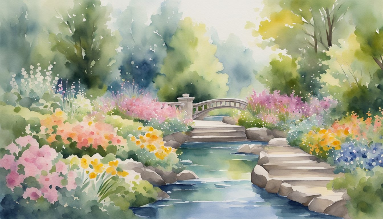 A serene garden with winding pathways, blooming flowers, and a gentle stream flowing through, evoking a sense of peace and healing