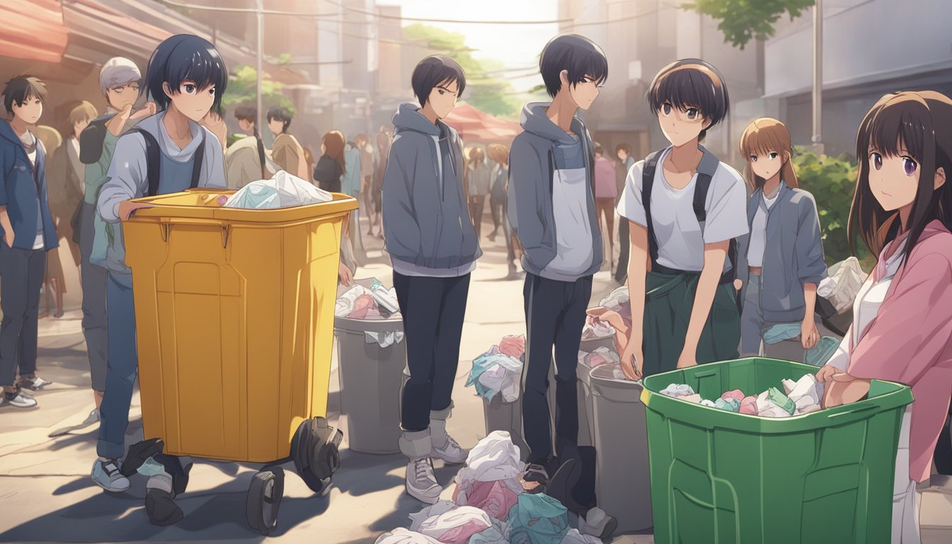 A person discarding a sex doll in a trash can while others look on with judgment and disapproval