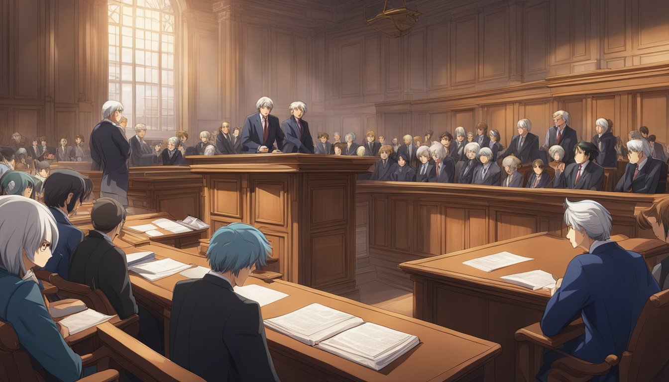 A courtroom scene with judges, lawyers, and a crowd, representing legal debates and controversies. The Constitution is displayed prominently