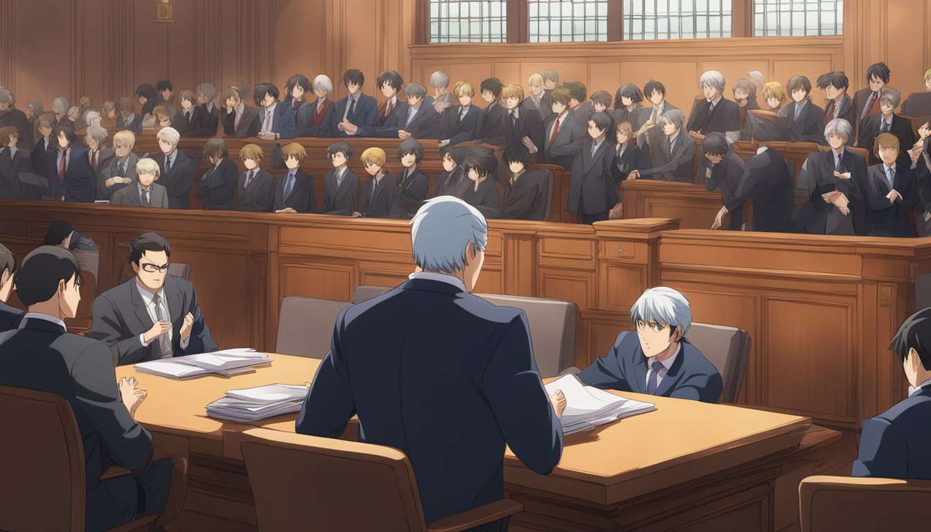 A courtroom with opposing lawyers arguing passionately, while a judge presides over the heated legal debate. Spectators watch intently, capturing the intensity of the controversial case