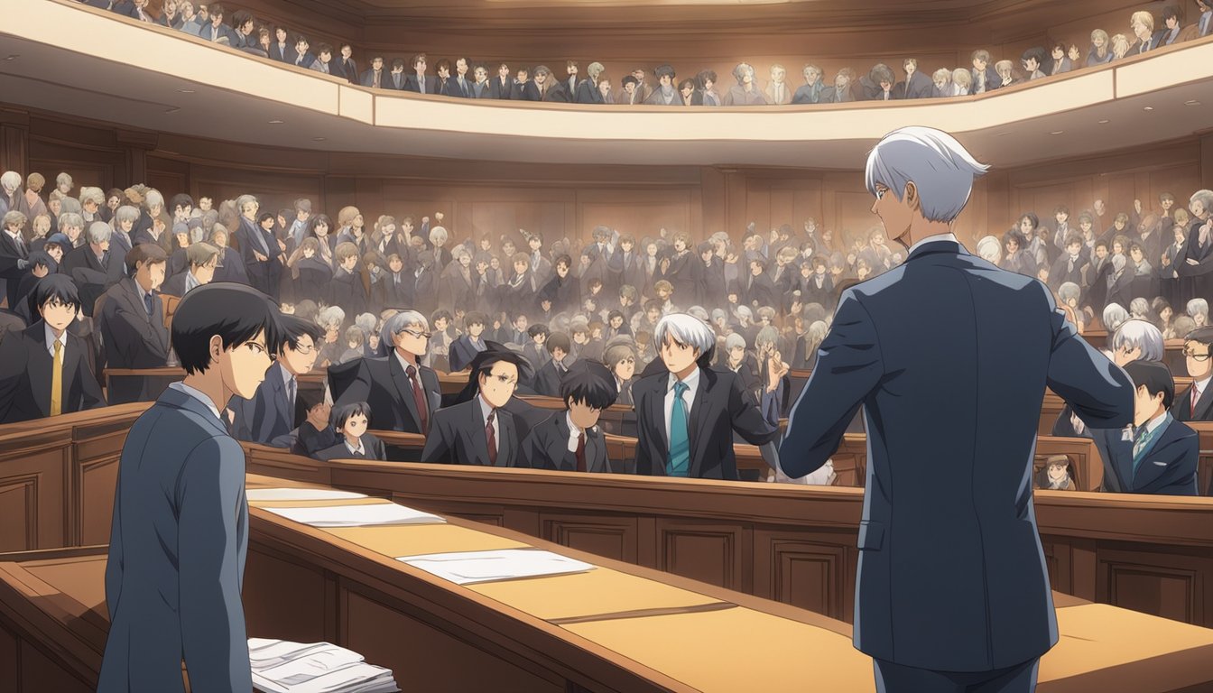 A courtroom with opposing lawyers debating a controversial legal issue, while a crowd of onlookers watches intently