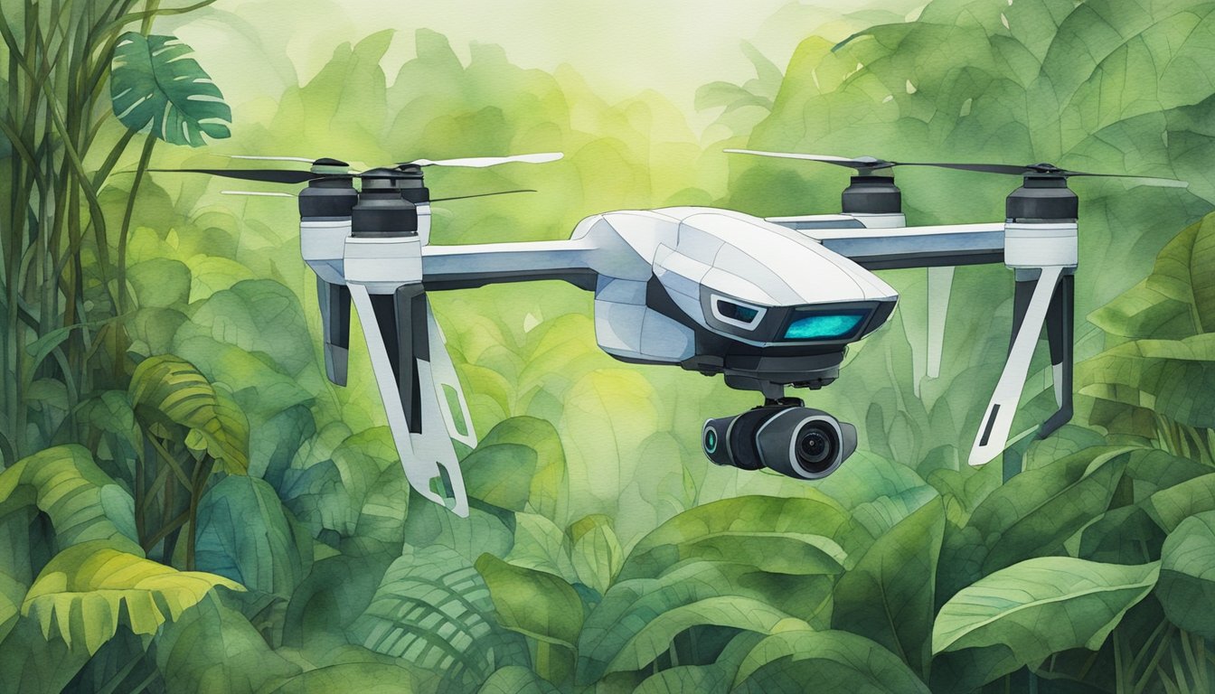 The lidar-equipped drone scans the Amazon rainforest, capturing detailed images of the dense vegetation and topography, showcasing the technological advances in environmental study