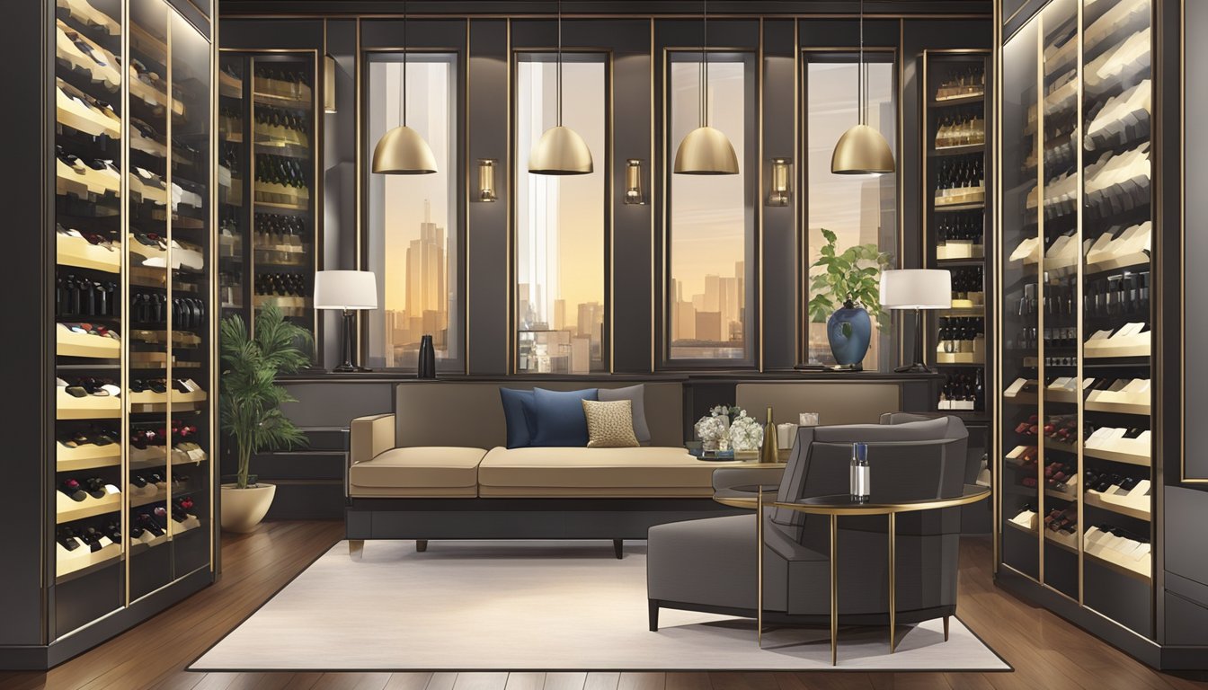 A sleek, modern wine cabinet stands against a backdrop of elegant furnishings, showcasing an assortment of fine wines neatly arranged on its shelves