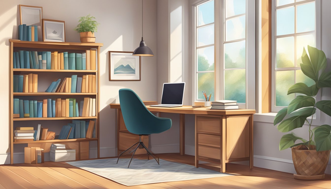 A cozy study room with a desk, bookshelves, a comfortable chair, and a large window letting in natural light