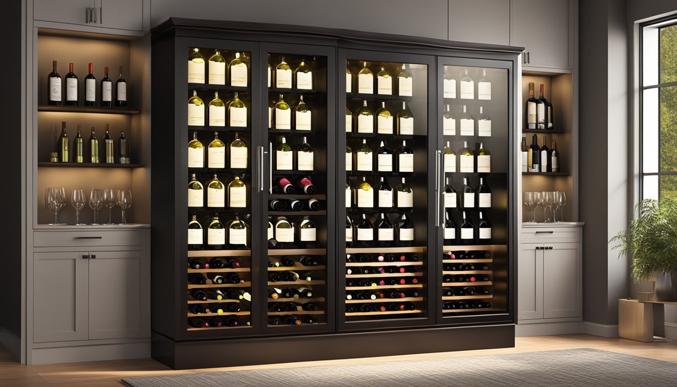 A sleek, modern wine cabinet sits against a backdrop of warm, ambient lighting. The cabinet is stocked with an array of wine bottles, neatly organized and displayed behind glass doors