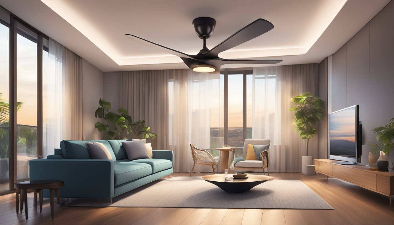 A modern living room with a sleek ceiling fan with integrated lights, casting a soft glow across the room