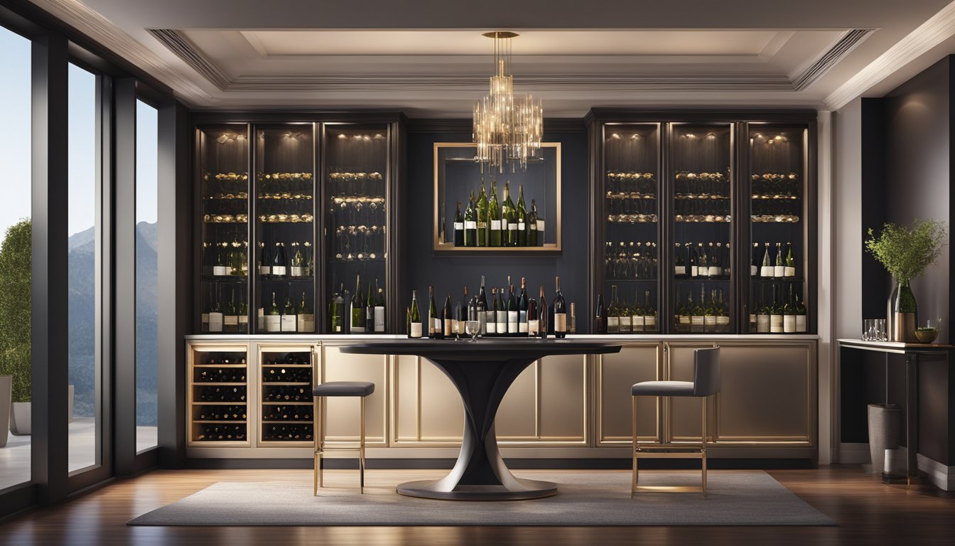 A sleek, modern wine cabinet stands against a backdrop of elegant glassware and dim lighting, creating an atmosphere of sophistication and luxury