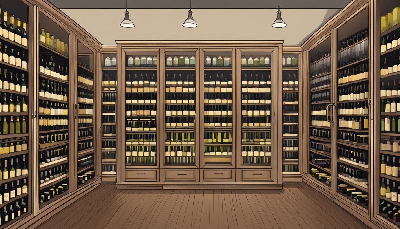 A sleek wine cabinet with glass doors, displaying rows of neatly organized wine bottles. A sign above reads "Frequently Asked Questions wine cabinet singapore."