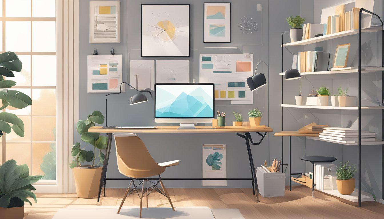 A well-lit study area with a spacious desk, ergonomic chair, organized shelves, and motivational wall art. A laptop, books, and stationery are neatly arranged on the desk