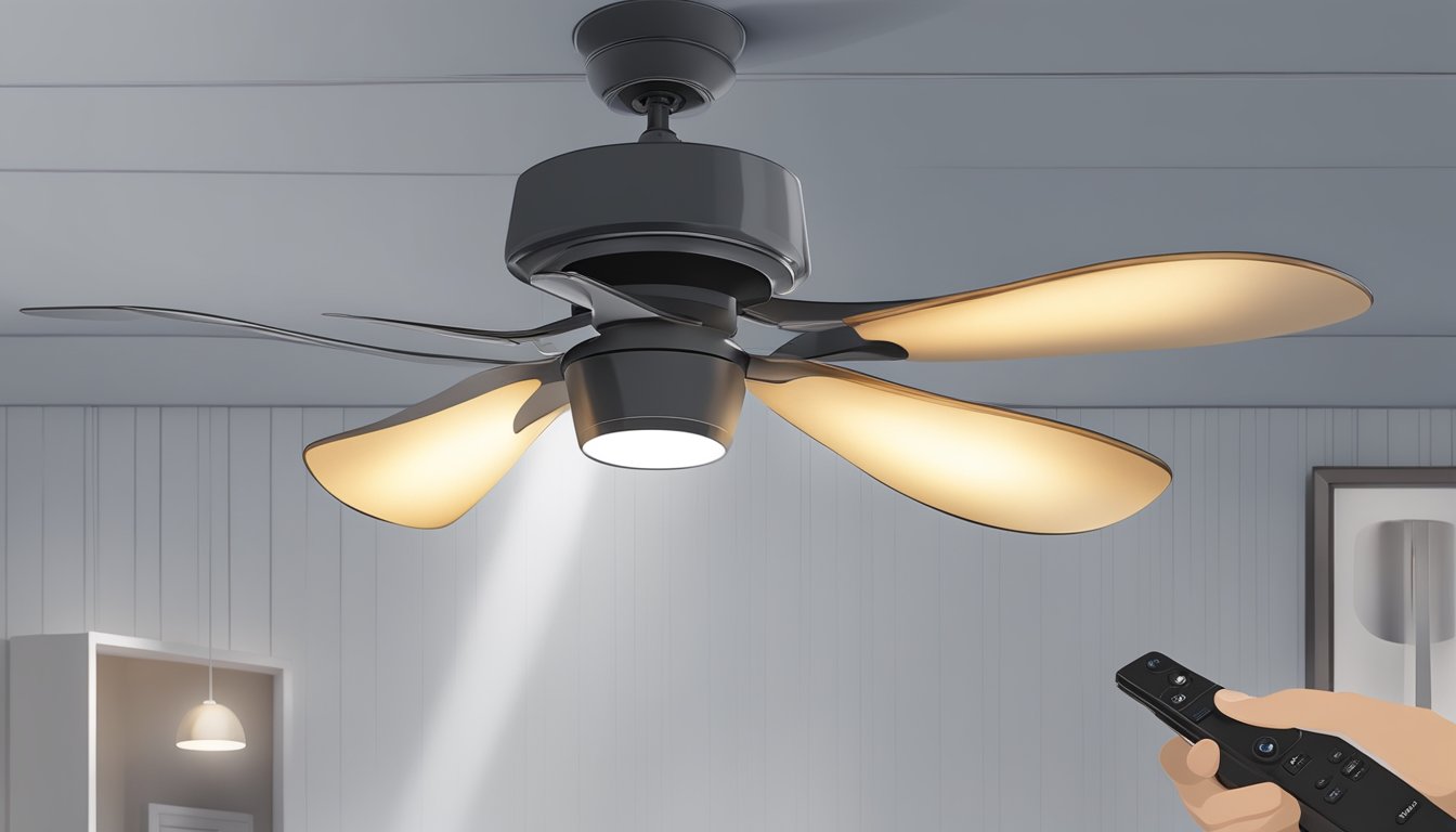 A hand reaches up, adjusting the pull chain on a sleek ceiling fan with integrated lights. The fan blades spin gracefully, casting a gentle breeze