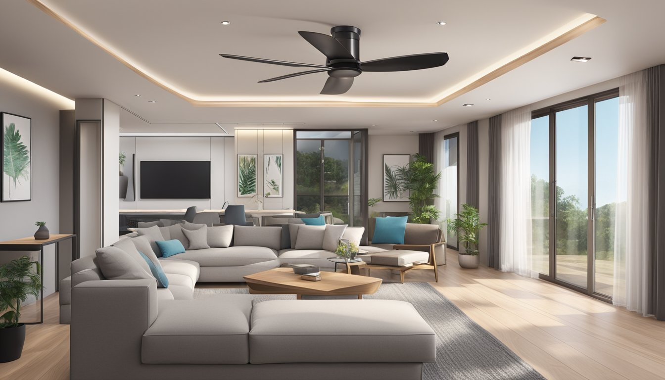 A modern living room with a sleek ceiling fan with integrated lights, providing both comfort and functionality