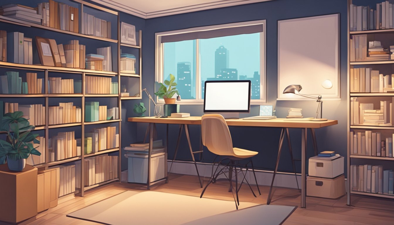 A cozy HDB study room with a desk, chair, bookshelves, and a computer. Bright lighting and organized space