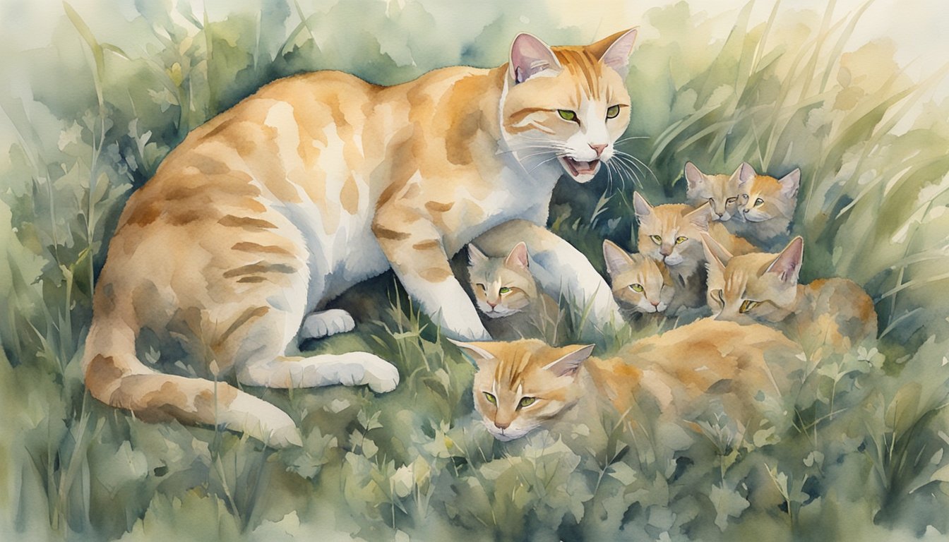 Feline predator with a dead cat in its mouth, surrounded by other lifeless feline bodies in a grassy field