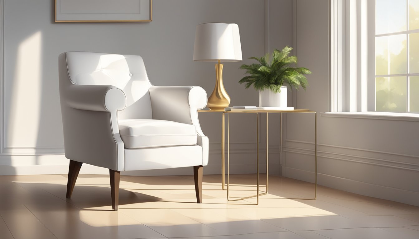 A white chair sits alone in a sunlit room. Its clean lines and simple design give off an air of elegance and sophistication