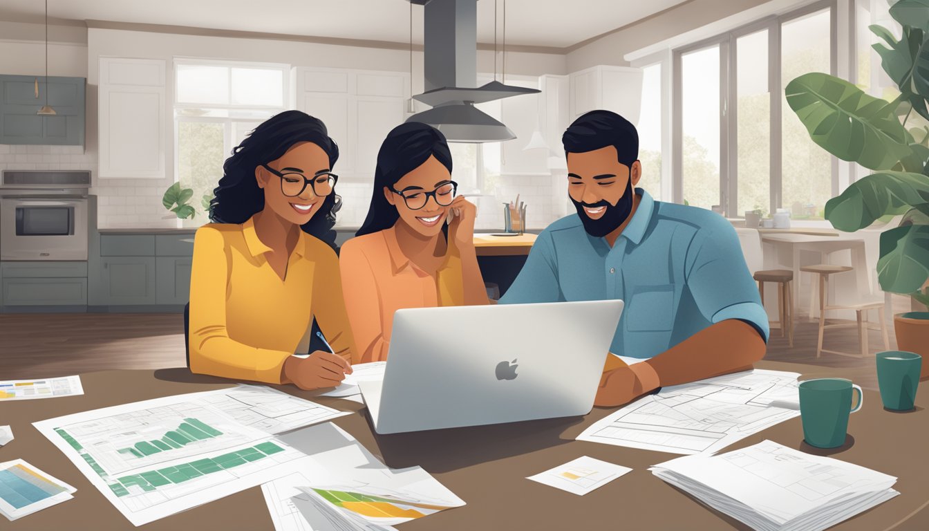 A couple sits at a table, reviewing Maybank Home Renovation Loan paperwork. A laptop displays the interest rates, while a floor plan and renovation designs lay scattered across the table