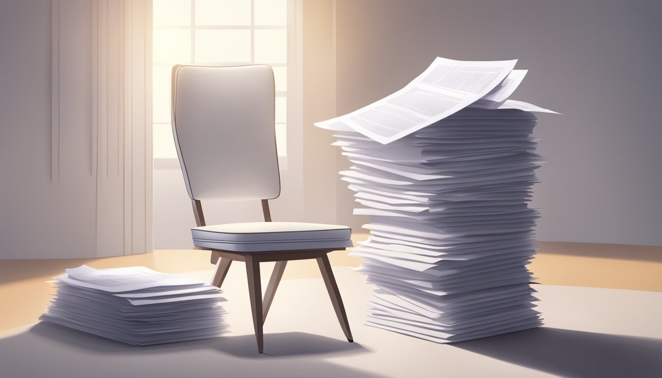 A white chair surrounded by a stack of FAQ papers, with a spotlight shining down on it