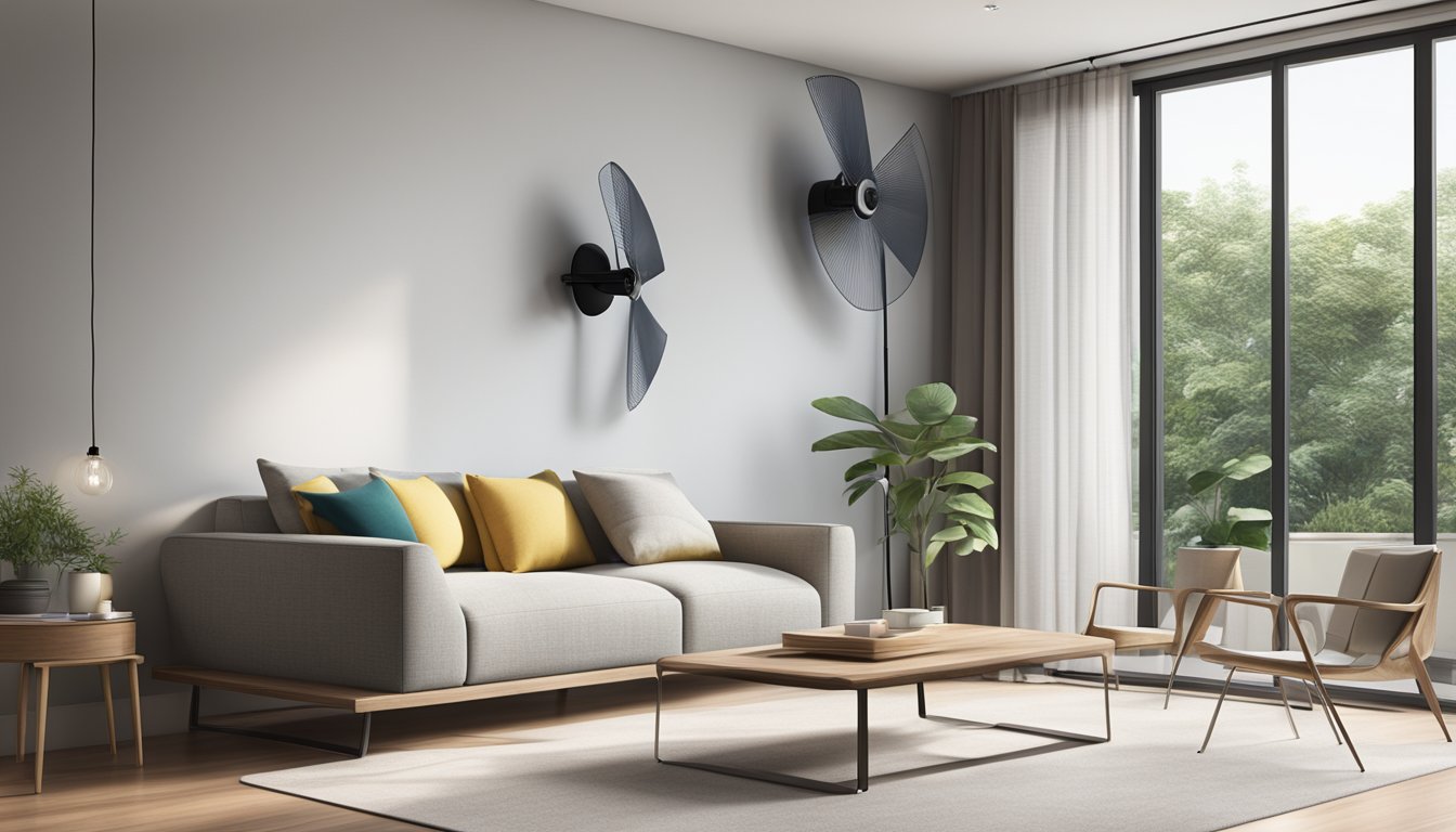 A sleek wall fan in a modern Singaporean home, with adjustable settings and a powerful breeze