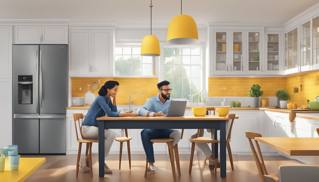 A couple discusses Maybank's home renovation loan while reviewing promotional materials and interest rates at a cozy kitchen table