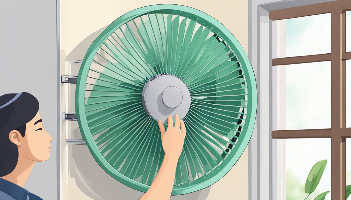 A wall fan is being installed and maintained in a Singaporean home