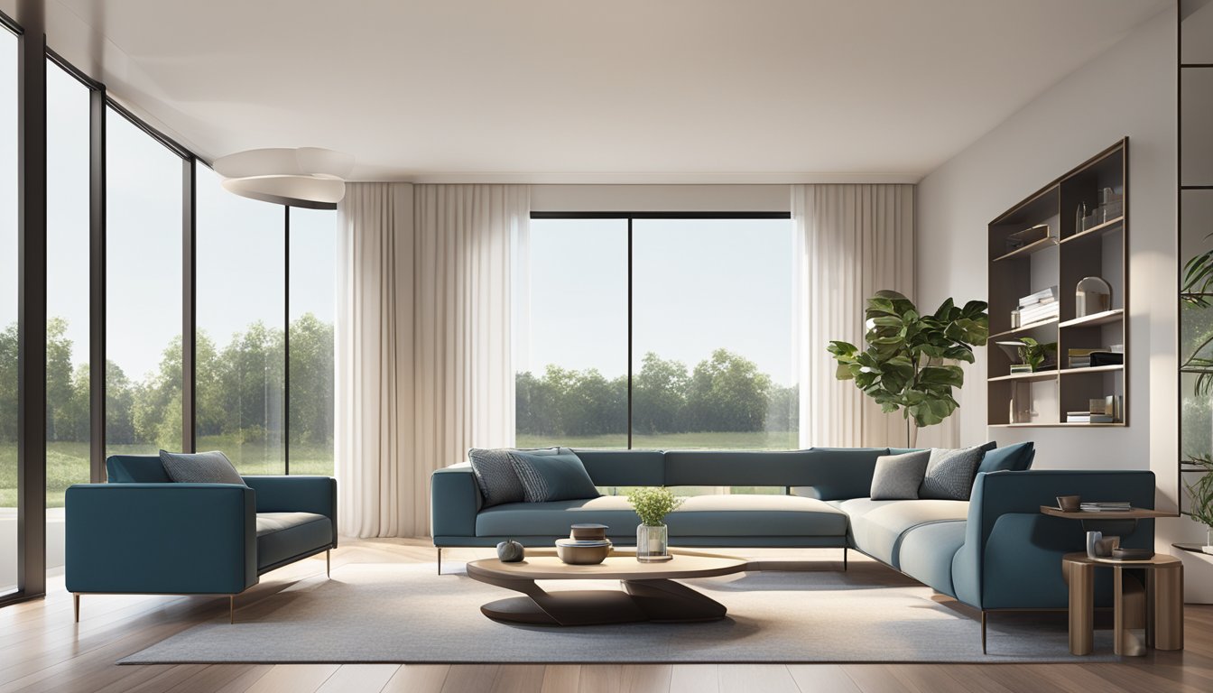 A modern living room with a sleek, minimalist design. A large window allows natural light to fill the space, highlighting the elegant furniture and tasteful decor
