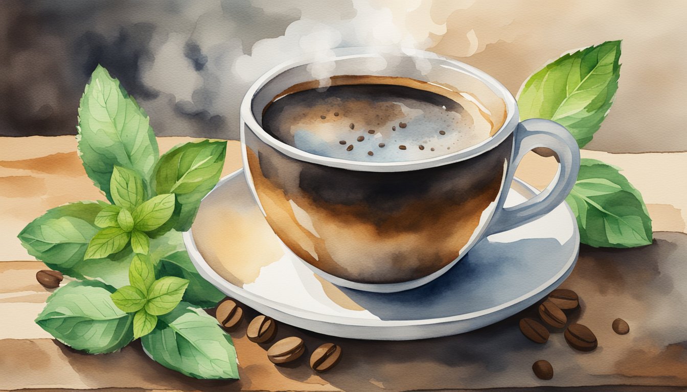 A steaming cup of fiber coffee sits on a rustic wooden table, surrounded by scattered coffee beans and a few sprigs of fresh mint