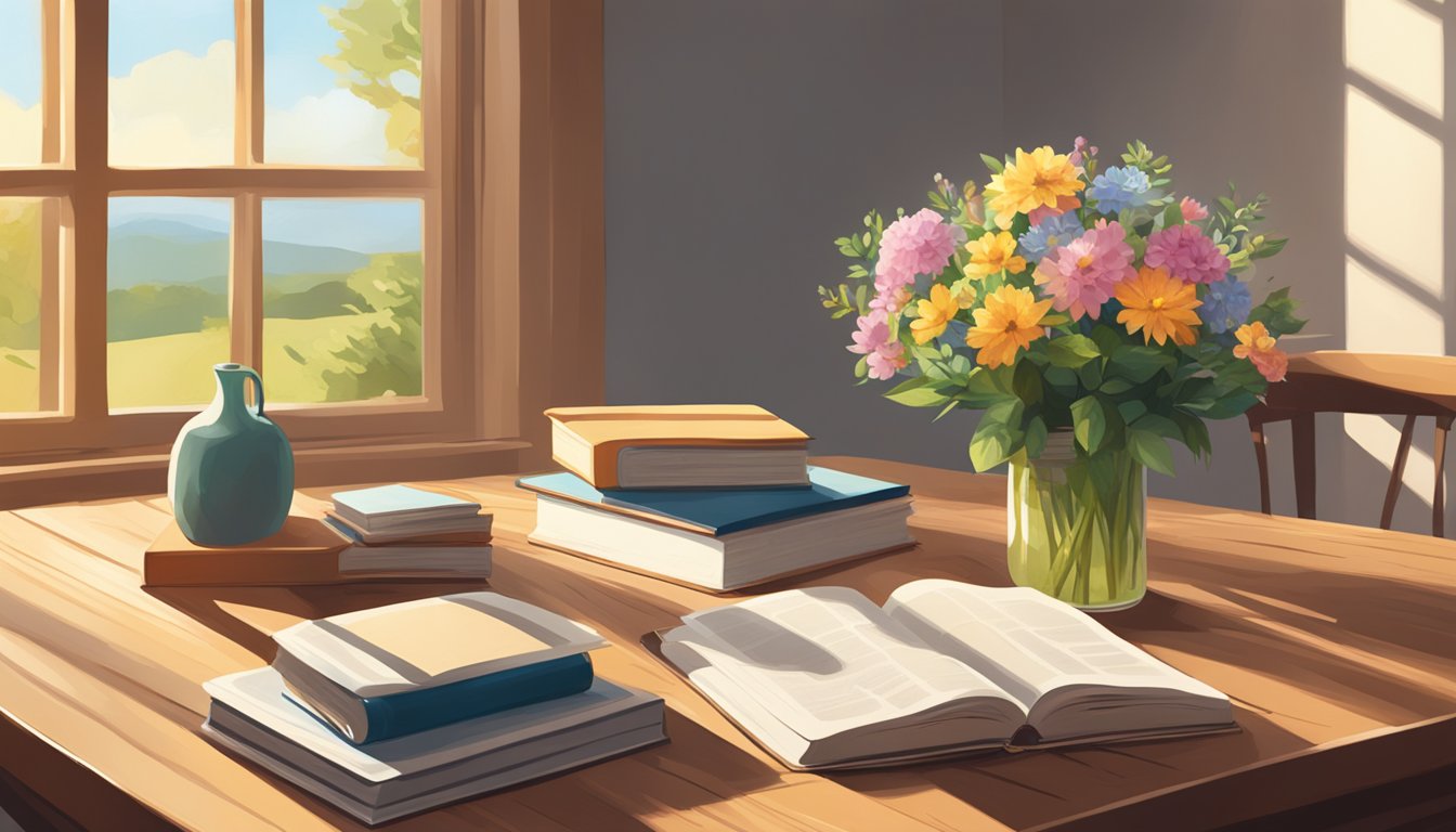 A wooden ash table sits in a sunlit room, adorned with a vase of flowers and a stack of books