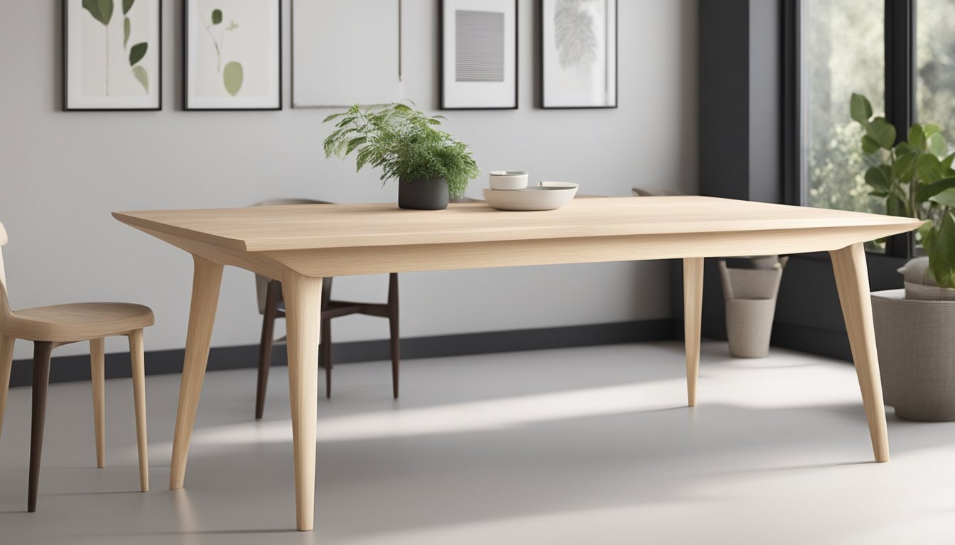 A sleek, modern ash table with clean lines and a smooth, polished surface. The table features tapered legs and a minimalist design, accentuated by the natural grain of the ash wood