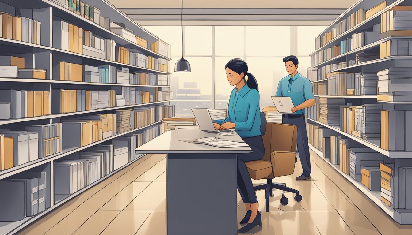 A customer care representative assists a client at a sleek ash table, surrounded by shelves of neatly organized product manuals and warranty information