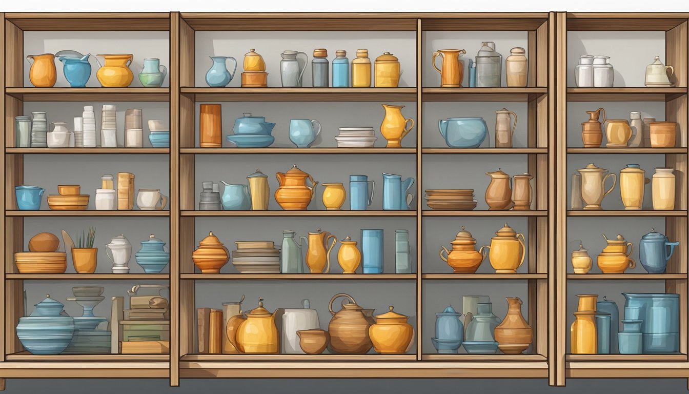 A wooden display cabinet stands against a white wall, filled with various items neatly arranged on its shelves