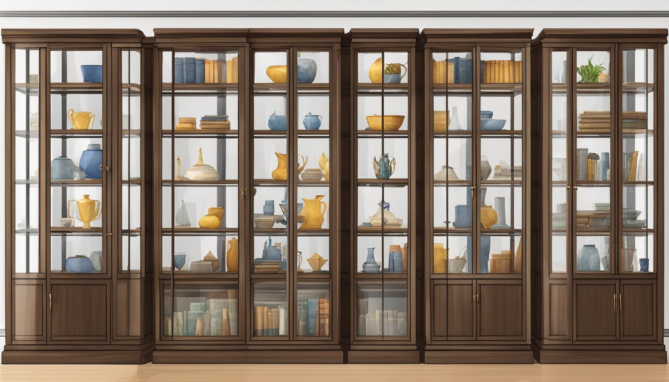 A wooden display cabinet sits against a white wall, showcasing various items such as books, vases, and figurines. The cabinet has glass doors and adjustable shelves, with a simple yet elegant design