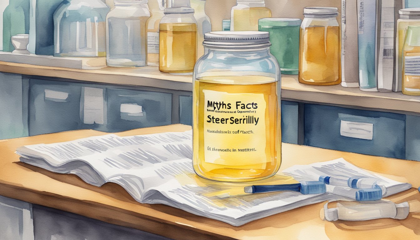 A clear glass jar of urine sits on a laboratory table, surrounded by medical equipment and scientific literature.</p><p>The label reads "Myths and Facts About Urine Sterility."