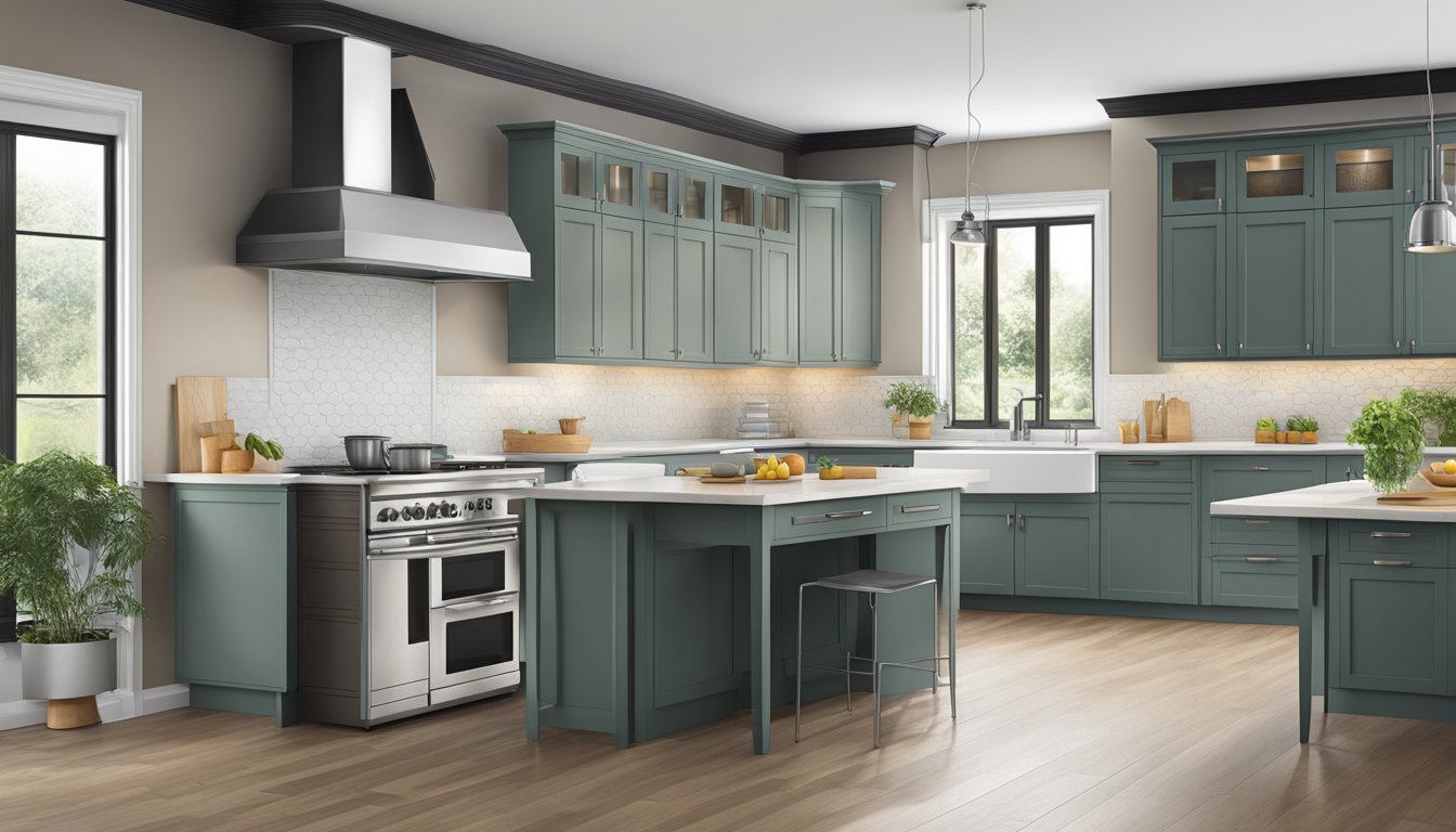 A modern kitchen with a chimney hood and a slimline hood side by side above the stove