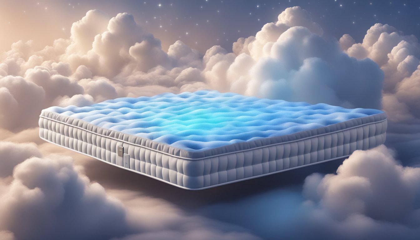 A soft mattress floats above a digital screen, surrounded by virtual clouds and stars