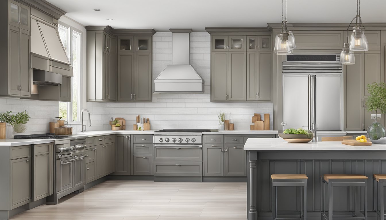 A kitchen with a chimney hood and a slimline hood installed above the stove, showing the differences in size and design