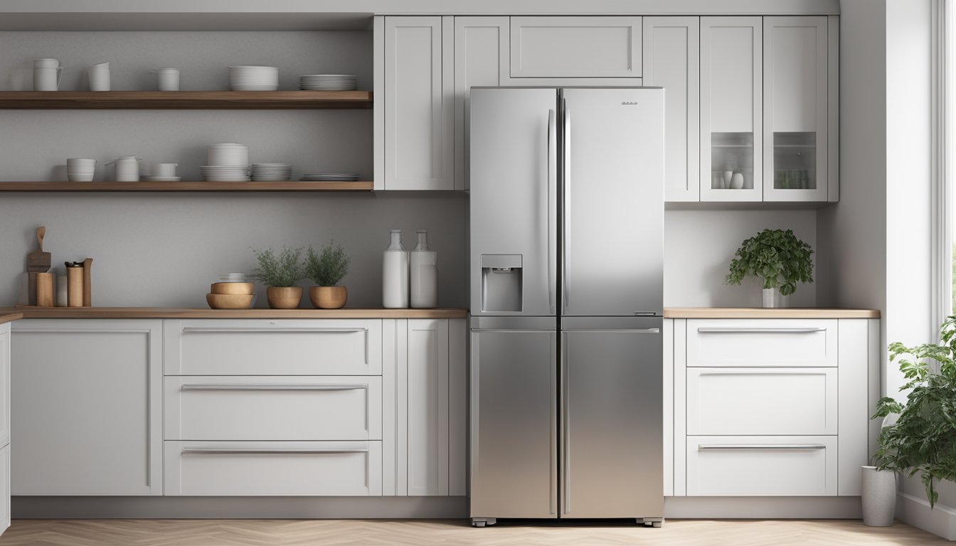 A standard fridge, 36 inches wide, stands against a white wall in a modern kitchen, with stainless steel finish and a sleek, minimalist design