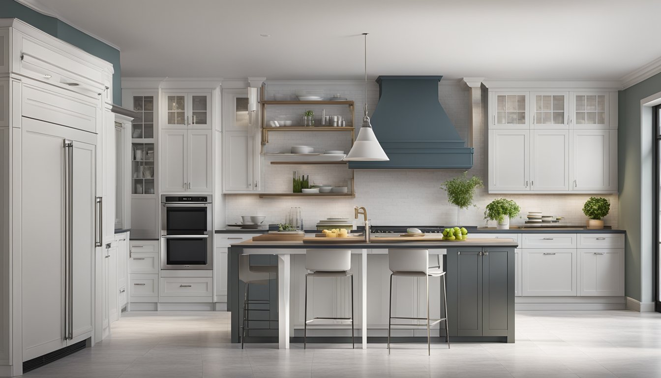 A kitchen with two hoods side by side, one a traditional chimney hood and the other a sleek slimline hood, showcasing the different options for kitchen ventilation