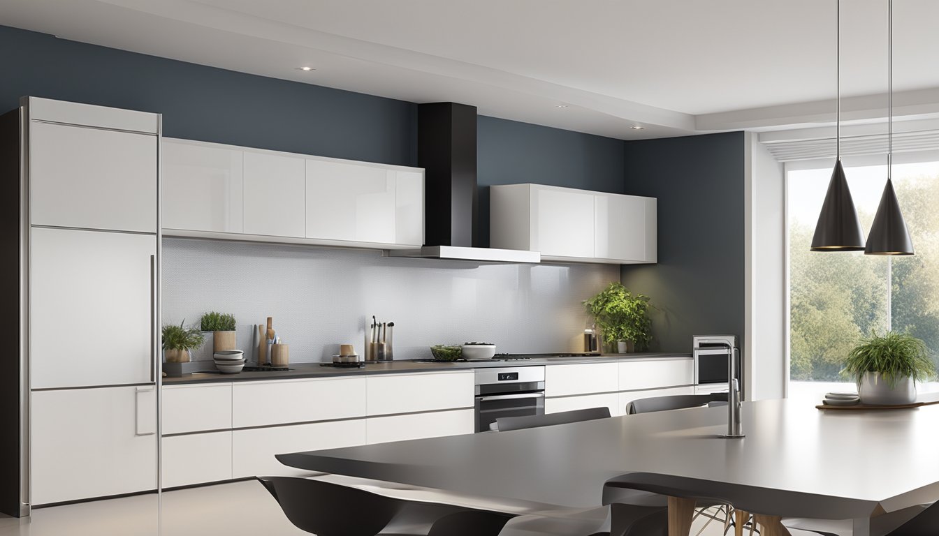 A sleek, modern kitchen with two contrasting range hoods side by side. The chimney hood stands tall and commanding, while the slimline hood is discreet and unobtrusive