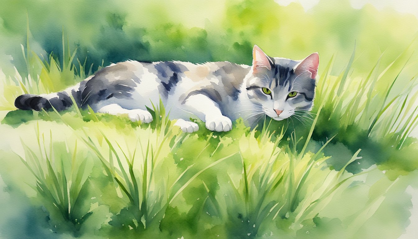 A cat peacefully nibbling on a patch of vibrant green grass in a sunny, tranquil garden setting