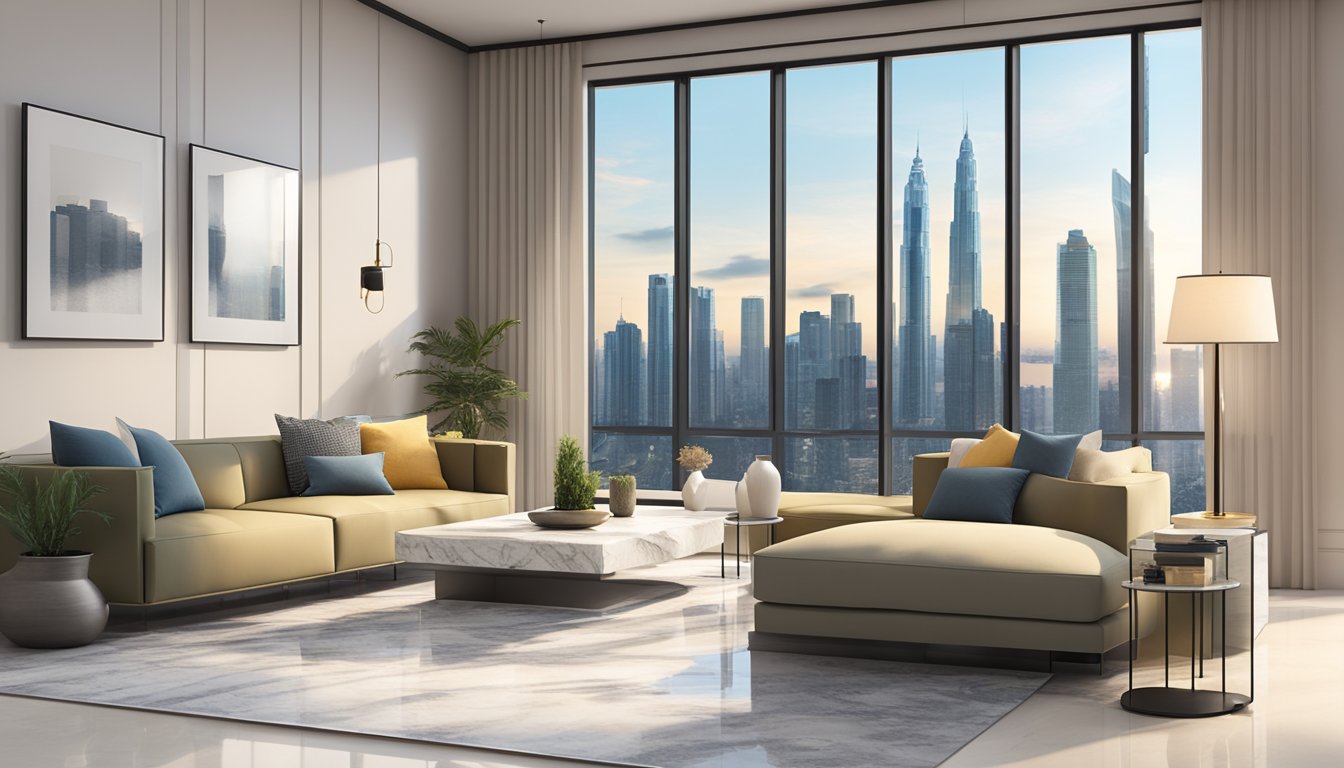 A modern, minimalist living room with a sleek, white marble floor and a large window overlooking a city skyline. A digital tablet displaying the OCBC Renovation Loan Calculator is placed on a stylish coffee table