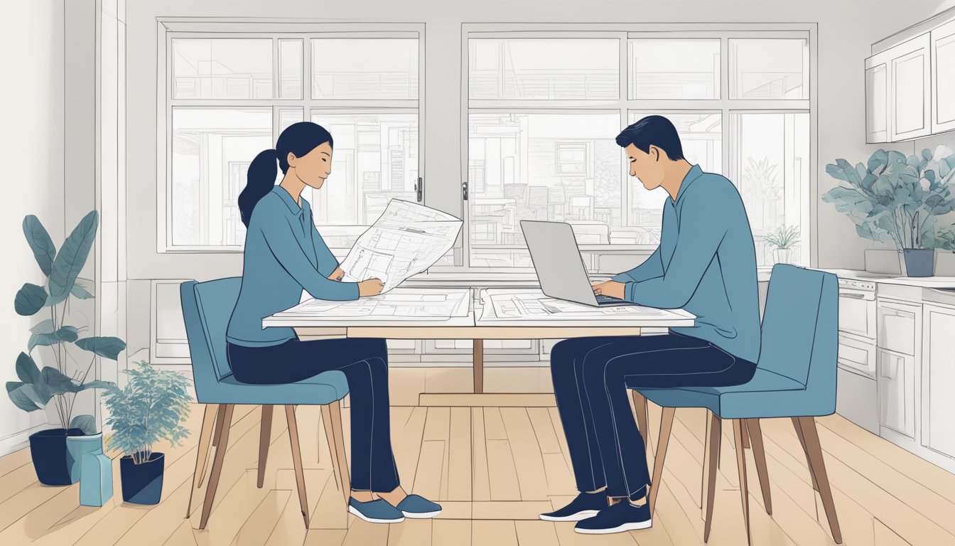 A couple sits at a table, surrounded by blueprints and renovation plans. A laptop open to the OCBC Renovation Loan Calculator as they discuss their options