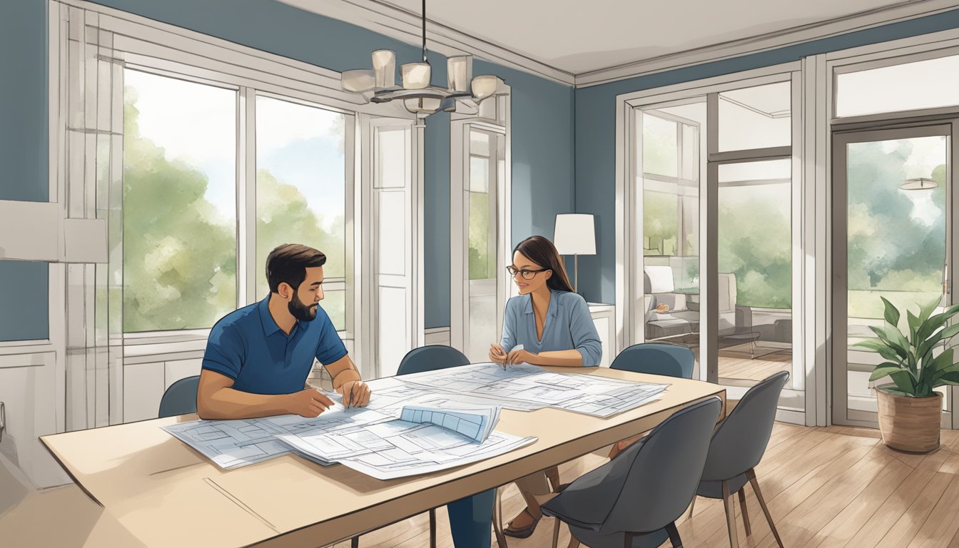 A couple discusses renovation plans while sitting at a table with a brochure for DBS/POSB Renovation Loan. Blueprints and paint swatches are scattered around them