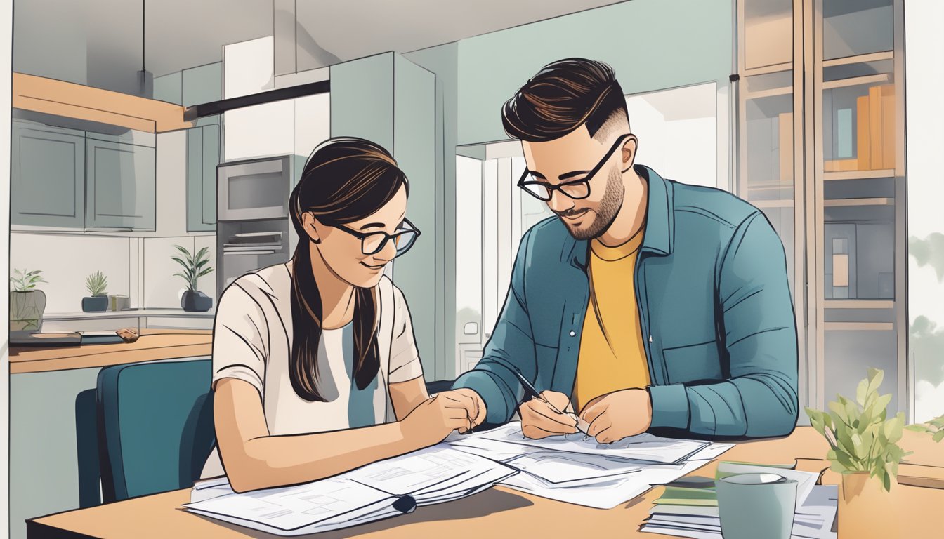 A couple sits at a table, reviewing paperwork for a DBS/POSB Renovation Loan. They discuss the features and benefits, with a focus on the quick approval process