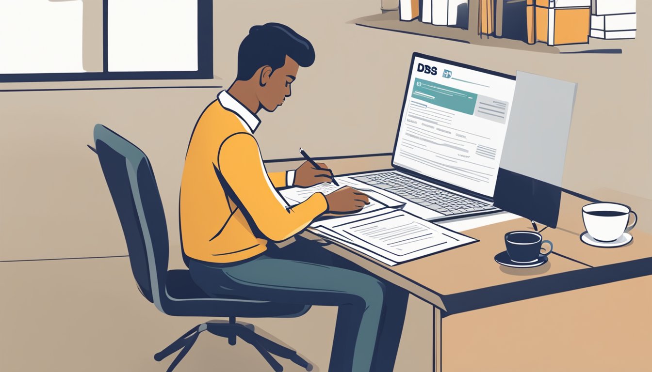 A person sitting at a desk, filling out a loan application form with a DBS/POSB logo in the background