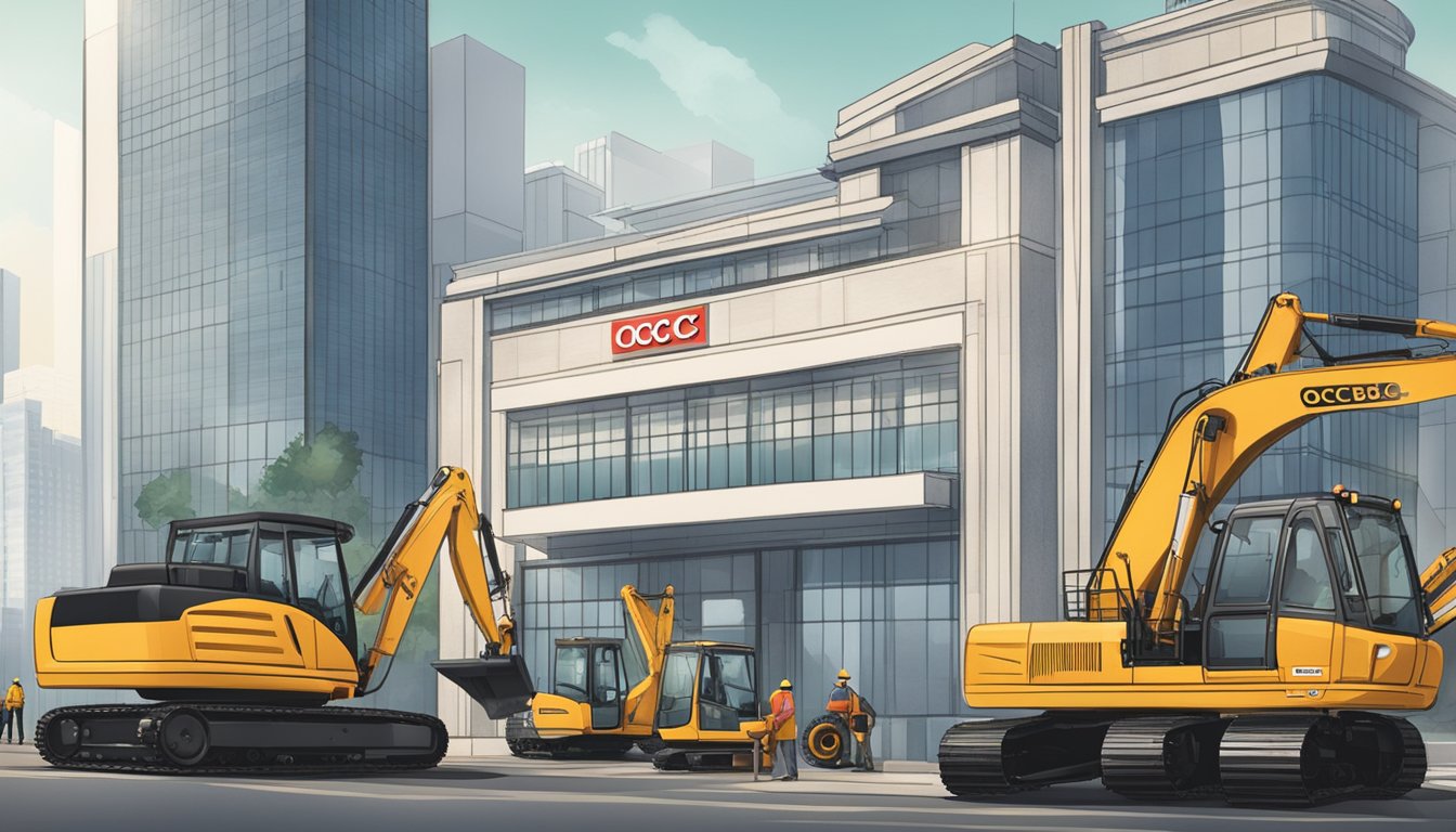 An elegant bank building with a prominent OCBC logo, surrounded by construction equipment and workers. A banner displays "Additional Benefits and Promotions OCBC Renovation Loan Singapore"
