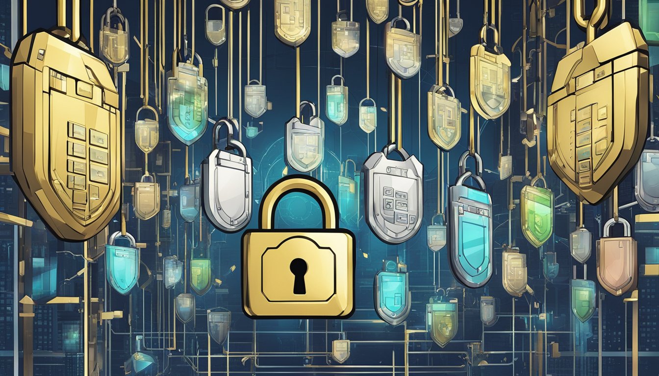 A locked padlock hanging from a digital interface, surrounded by shields and barriers, symbolizing privacy and data security concerns in technology